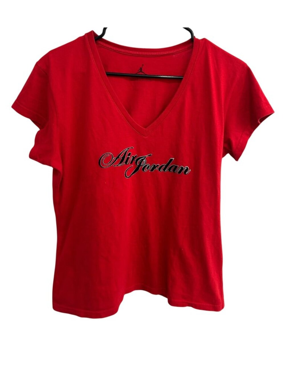 Air Jordan Large Red Embroidered V-Neck T-Shirt Cotton Sporty Gymcore Collegiate